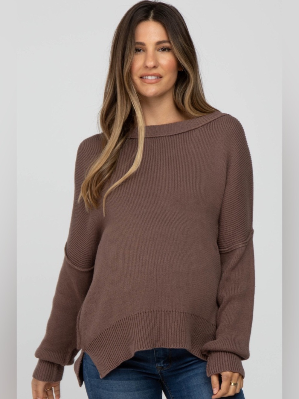 PinkBlush Brown Exposed Seam Side Slit Maternity Sweater